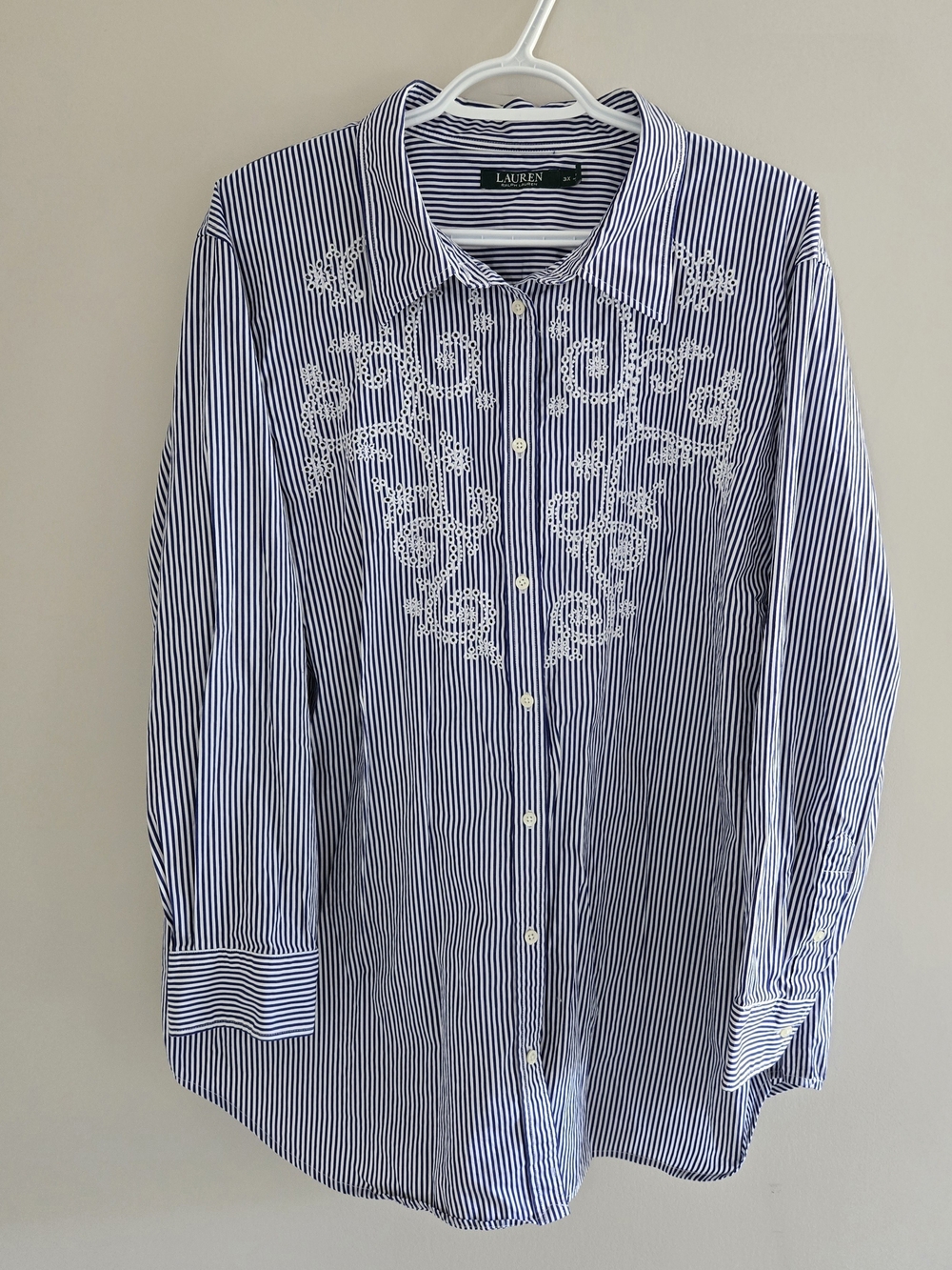Ralph Lauren blue + white striped embroidered front button-down shirt, 3X + new